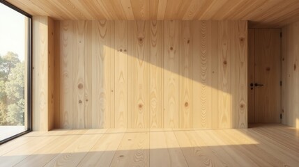 Serene Minimalist Room with Wooden Walls and Sunlight Streaming Through a Large Window