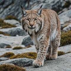 Fototapeta premium A lynx walking gracefully along a rocky mountain path, white background.