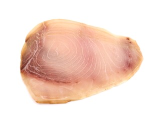 Slices of smoked swordfish on white background.