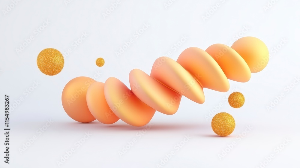 Poster a series of soft, orange-hued shapes and spheres float in a minimalist setting, creating a sense of 
