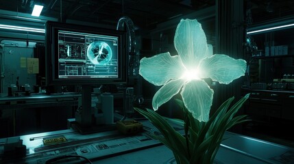 A glowing flower in a futuristic lab setting with screens.