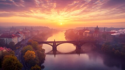 Fototapeta premium Prague Sunrise over Vltava River and Charles Bridge. Scenic Cityscape at Dawn.