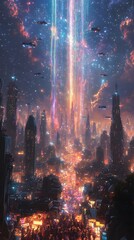 Fototapeta premium A futuristic cityscape with a glowing fiber optic labyrinth shimmering towers and pulsing iridescent cables