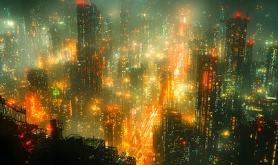 Fototapeta premium A futuristic cityscape with a glowing fiber optic labyrinth shimmering towers and pulsing iridescent cables