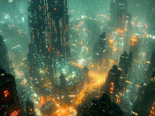 Fototapeta premium A futuristic cityscape with a glowing fiber optic labyrinth shimmering towers and pulsing iridescent cables
