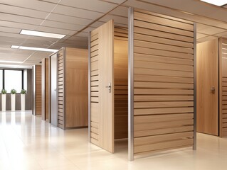 Fototapeta premium Modern Office Space Featuring Wooden Partition Walls, Bright Lighting, Clean Lines, and Open Layout for Enhanced Collaboration and Privacy in Work Environments