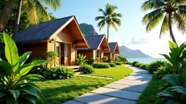 Tropical Getaway Luxurious Wooden Cabanas on a Secluded Beach with Lush Greenery and a Tranquil Pathway