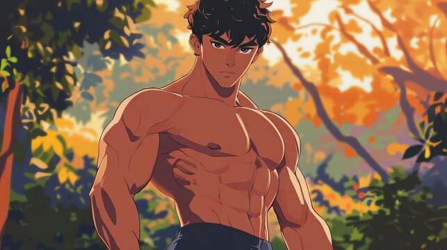 Hand-drawn cartoon illustration of a vivid anime-style fitness boy with defined muscles, highlighting a vibrant and dynamic artistic character design