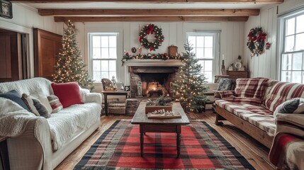 Rustic Christmas living room with fireplace, decorated trees, and plaid sofas.