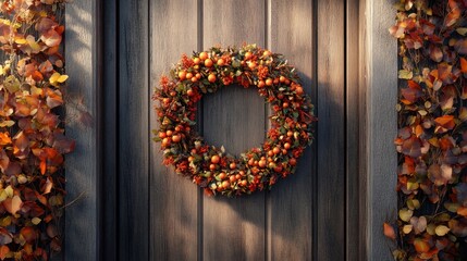 Autumn wreath on rustic wooden door.