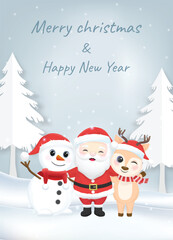 Cute Santa, Snowman and deer in winter, Christmas season illustration.