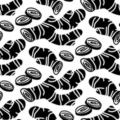ginger root pattern, whole and pieces. Culinary seasonings and spices, hand-drawn. Seamless root, chaotic. A repeating texture in black silhouette on a white. Seasonings, spices, and food additives
