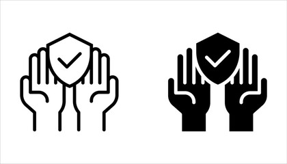 Insurance hand icon set. Shield with checkmark on hand symbol. Protection icon on white background