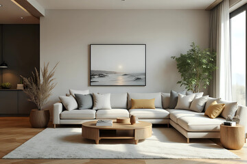 Beautiful sunlit living room with stylish sofa
