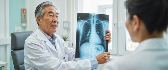 Obraz premium Doctor explaining chest X-ray findings to a medical colleague in a modern clinic setting
