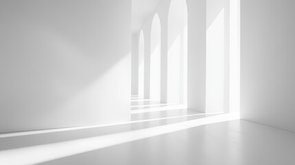 Bright Minimalist Interior with Arched Windows and Soft Shadows