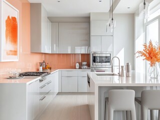 Modern Kitchen Design With White Cabinets And Orange Accents