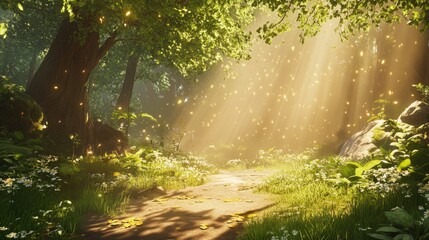 Fototapeta premium Serene Forest Pathway with Sunlight and Sparkling Dust Particles