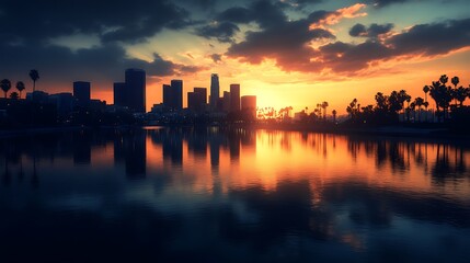 Fototapeta premium Los Angeles Skyline at Sunset, Cityscape Reflection