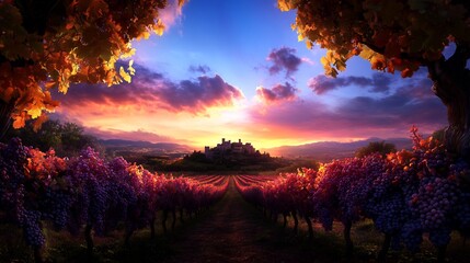 Obraz premium Autumn Vineyard Sunset with Medieval Castle in the Background