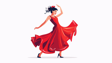 Vibrant Flamenco Dancer in Red Dress Performing. Flat Cartoon Style.