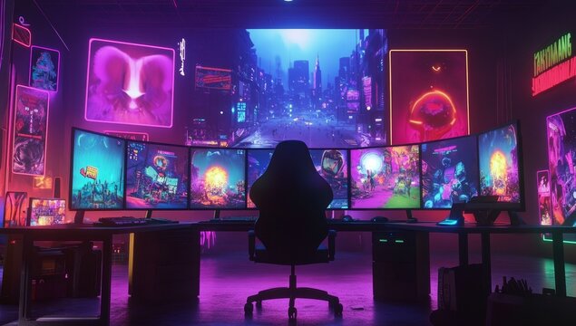 Gamer seated at multi-monitor setup in vibrant neon-lit room.