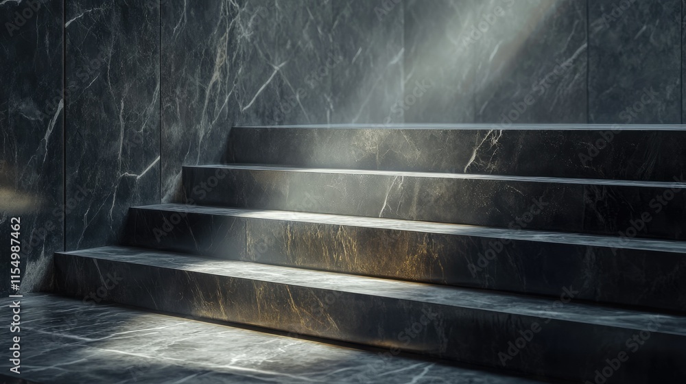 Poster light rays streaming down marble steps in modern architecture
