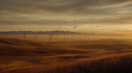Obraz premium Serene Landscape with Wind Turbines and Flying Birds