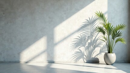 Fototapeta premium Serene Minimalist Interior with Greenery and Sunlight Casting Shadows on a Textured Wall