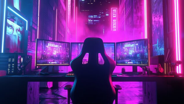 Neon-lit cyberpunk gaming setup with triple monitors.