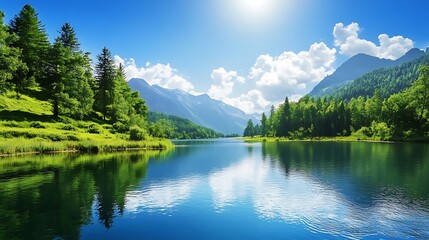 Serene Mountain Lake Landscape. Scenic Nature View.