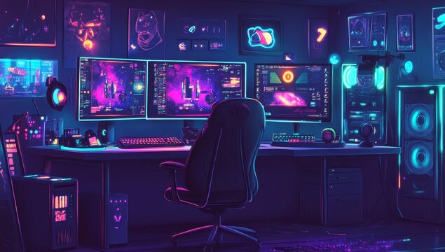Neon-lit gaming setup with triple monitors. - Powered by Adobe
