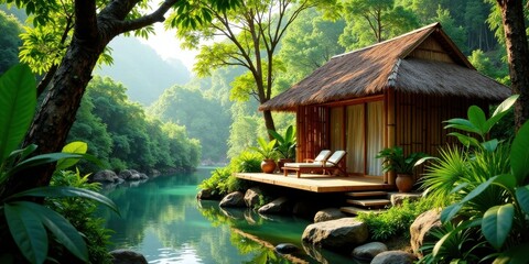 Fototapeta premium Tranquil Bamboo Lakeside Retreat Serene Escape in Lush Tropical Paradise