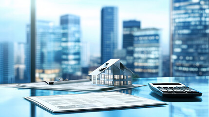 A model house on paperwork and a calculator, symbolizing real estate and finance.