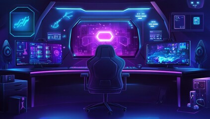 Naklejka premium Futuristic gamer room with neon lights, multiple monitors, and a comfortable gaming chair.
