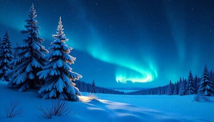 Midnight Blue Sky with Snowy Pines and Glowing Comet