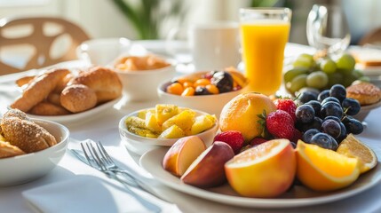 Obraz premium Table with luxury breakfast, featuring fruits, pastries, and fresh meals in a modern hotel restaurant. 