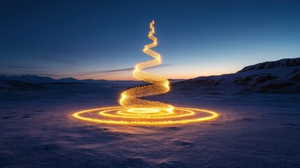 Obraz premium Light spiral art installation in snowy landscape at twilight.
