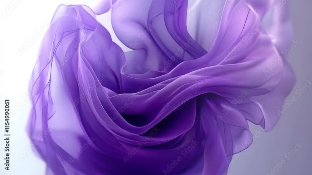 Poster abstract 3d animation with flying, undulating shapes of fabric in purple and lavender colors. a mode