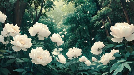 Tranquil Forest Scene with White Peonies and Soft Green Background