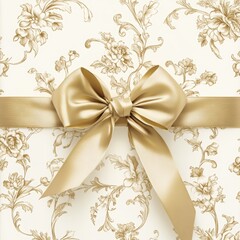Gold satin ribbon bow on floral background.