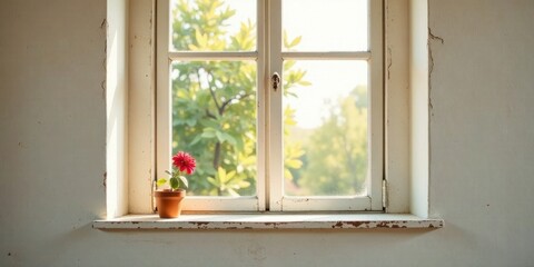 A terracotta pot holding a vibrant red flower sits on a weathered windowsill, basking in the warm sunlight streaming through an old window pane, overlooking a tranquil garden.
