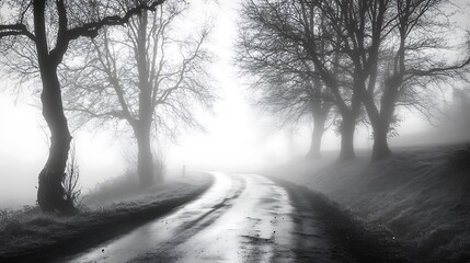 Obraz premium Misty Country Road, Black and White. Concept of mystery, solitude, and nature.