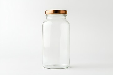 Empty clear glass bottle with copper lid on white background.