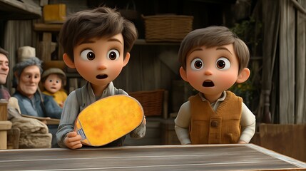 Two animated boys with surprised expressions hold a mysterious yellow object.