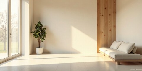 Fototapeta premium Serene Minimalist Interior Design Featuring a Low Platform Sofa and Natural Light