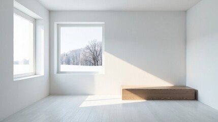 Minimalist Room Interior Design with Wooden Bench and Winter Landscape View