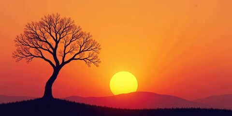 Serene Sunset Landscape Featuring a Solitary Tree Silhouette Against a Vibrant Orange Sky