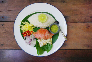 Thai food, Rice with spicy crab with herbs