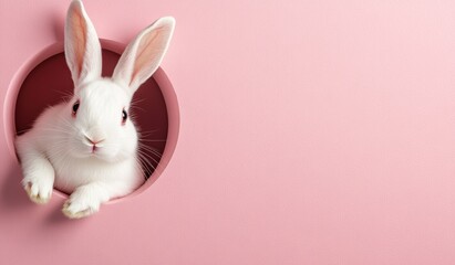 Fototapeta premium A cute little white rabbit curiously peeks through a pink cutout, representing the joy of Easter, with soft pastel colors and festive themes that wonderfully capture the vibrant spirit of the season